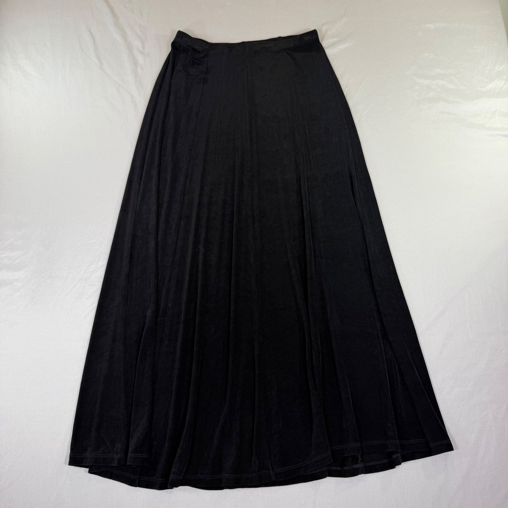 Chicos Travelers Black Slinky Liquid Knit Maxi Skirt Elastic Waist Size 1 Clasic